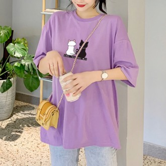 여자 여름 찰랑티셔츠 스판 실켓 얇은 기본 아이스 쿨링 프린팅 라운드넥 고양이 반팔 티셔츠