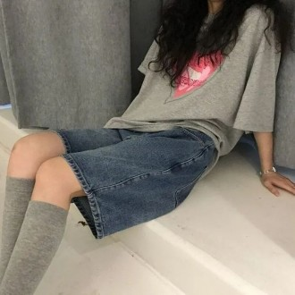 여성5부 반바지여성 와이드 레그 데님 반바지 단색 무릎 길이 반바지 하이웨이스트 블