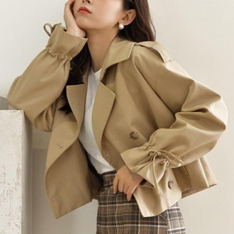 여성 재킷 아우터 짧은 바바리 기본 베이지 단색 손목 스트링 포인트 뒷 트임 여유핏