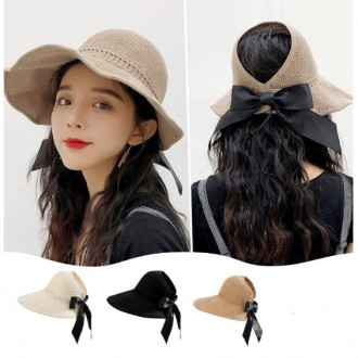 여성 리본 돌돌이 썬캡 챙넓은 와이어 밀짚 모자