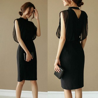 쉬폰 프릴 원피스 민소매 H라인 블랙 미디 드레스