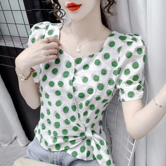 여자 반팔 블라우스 여성 여름 반팔티 쉬폰 배꼽 덮음 쉬폰 셔츠 여름 프랑스 스퀘어 칼라