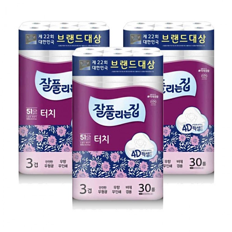 (무료배송)잘풀리는집 터치 3겹 30롤 화장지 휴지x3개