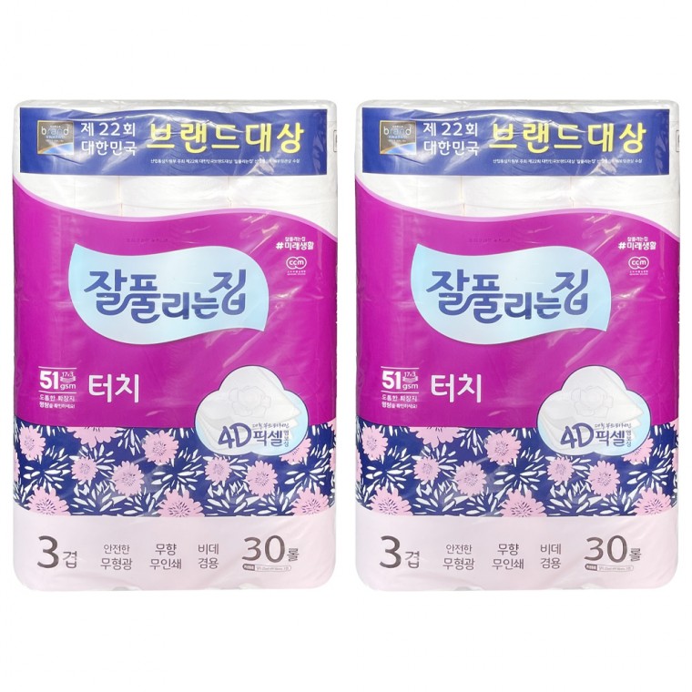 잘풀리는집 도톰한 3겹 30롤 터치 픽셀 엠보싱 화장지 2개 -D