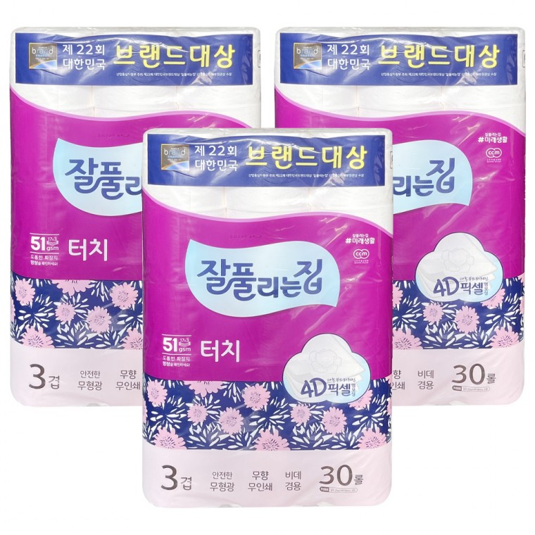 잘풀리는집 도톰한 3겹 30롤 터치 픽셀 엠보싱 화장지 3개 -D /3개배송료1건/통신사사은품