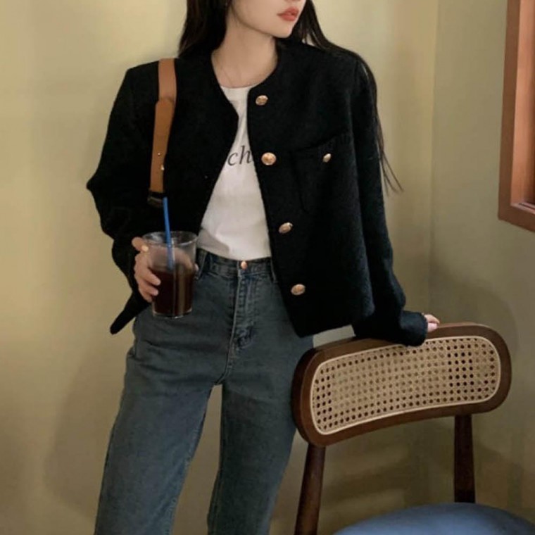 아우터 데일리 올블랙 금장 단추 포인트 재킷 깔끔핏 숏 재킷 트위드 크롭