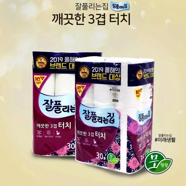 잘풀리는집 깨끗한 3겹 터치 화장지 30 롤 도톰한 휴지