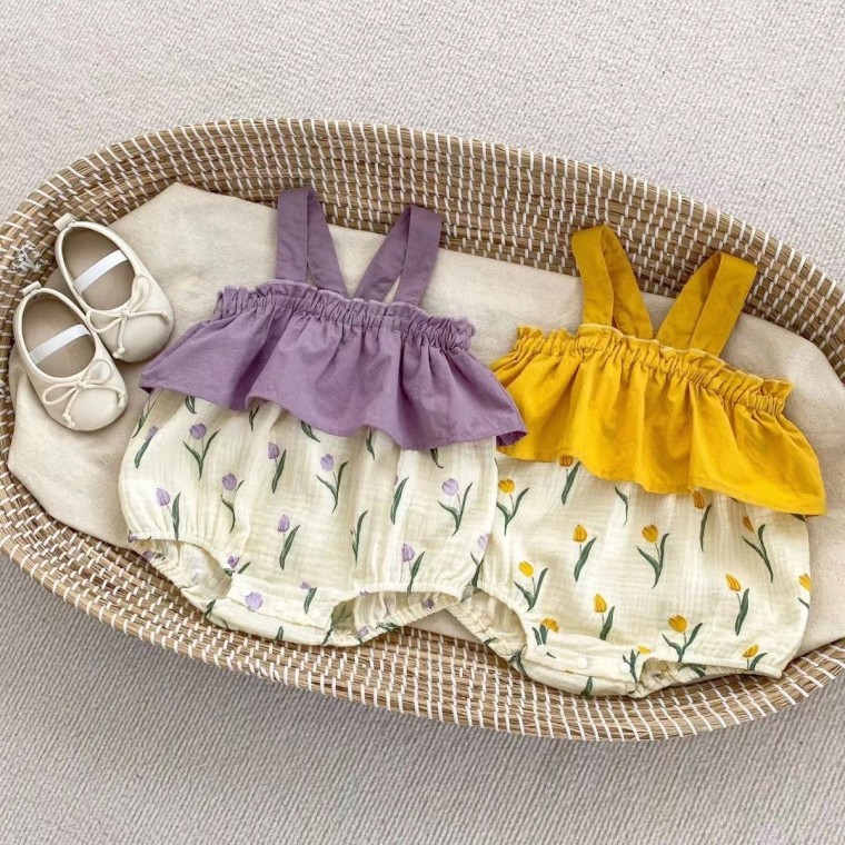 아기끈나시 아기 여름 옷 아기 여아 코트 슬링 삼각형 방귀 의류 신생아 컬러 매칭 인쇄 튤