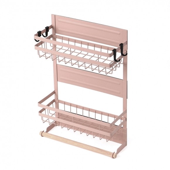 무타공 부착형 냉장고걸이 수납선반 주방도구 양념통 보관함 정리함 수납함 45cm 핑크