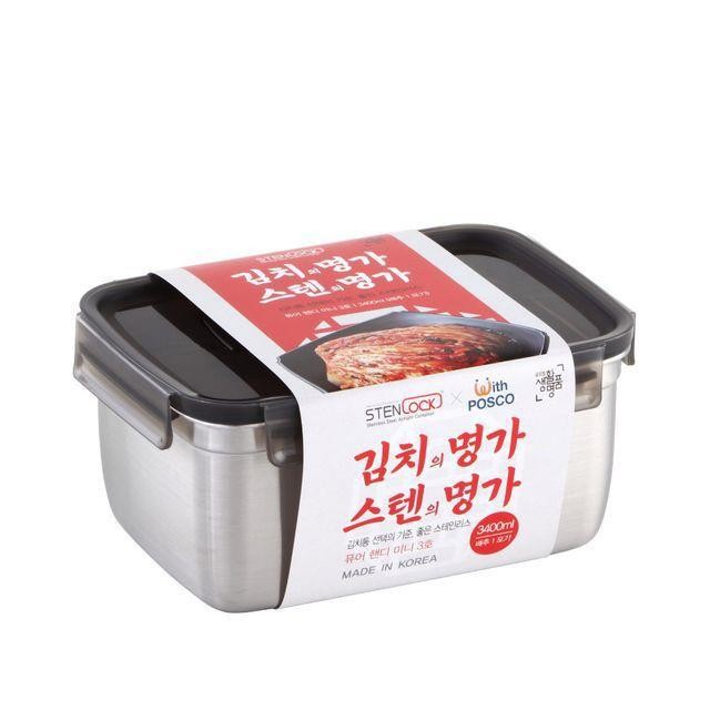 사각 스텐김치통 누름독 누름통 3.4L 락 냉장고 밀폐 스테인 통 김장 스텐 김치 용기 리스 레스