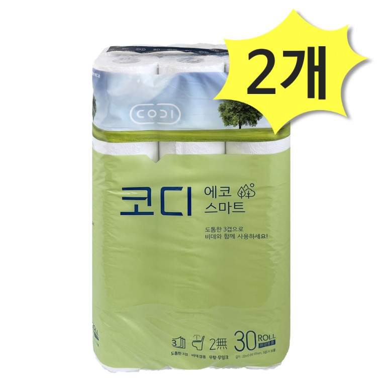 코디 3겹 에코스마트 롤화장지 22M x 30롤 2개