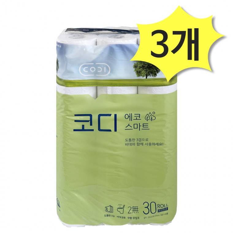 코디 3겹 에코스마트 롤화장지 22M x 30롤 3개