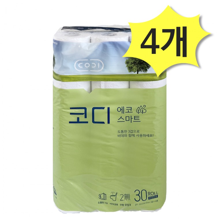 코디 3겹 에코스마트 롤화장지 22M x 30롤 4개