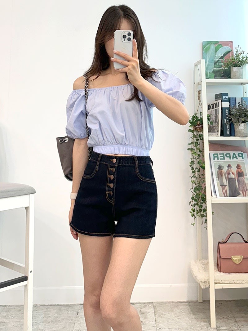 [다퍼몰] 723 버튼 편한 사방 스판 하이웨스트 데님 숏 팬츠/35장